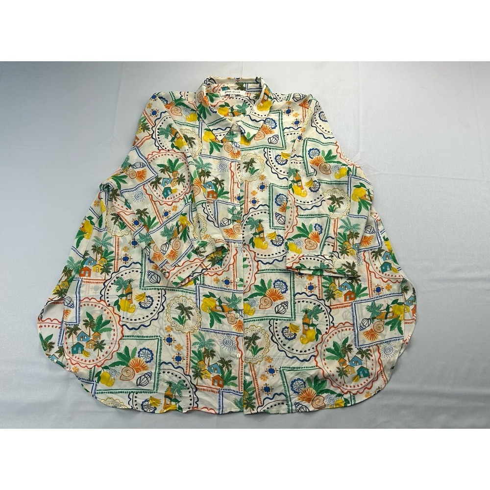 Rose + Olive Tropical Lemon Beach Print 3/4 Sleeve Blouse Womens 1X Coastal